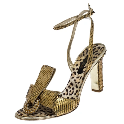 Pre-owned Roberto Cavalli Metallic Gold Python Leather Embellished Ankle Strap Sandals Size 38