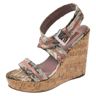Pre-owned Missoni Multicolor Crochet Fabric And Leather Cork Wedge Slingback Sandals Size 37