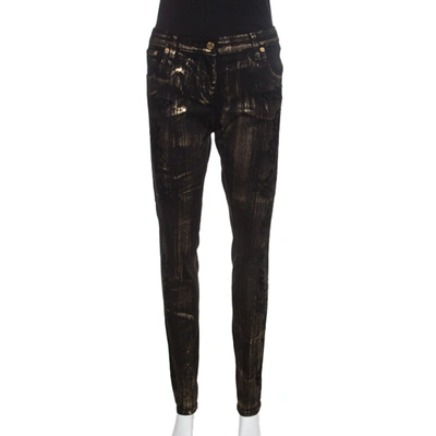 Pre-owned Roberto Cavalli Black Metallic Detail Flock Print Denim Straight Fit Jeans L