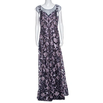 Pre-owned Notte By Marchesa Navy Blue And Purple Rose Embroidered Gown L