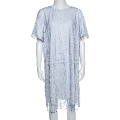 Pre-owned Burberry Hydrangea Blue Embroidered Tulle Short Dress L