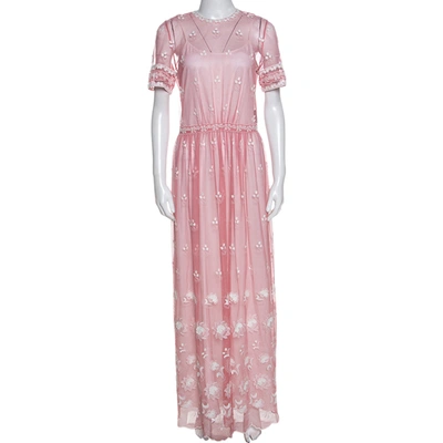 Pre-owned Burberry Rose Pink Embroidered Tulle Short Sleeve Dress S