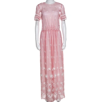 Pre-owned Burberry Rose Pink Embroidered Tulle Short Sleeve Dress L