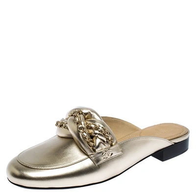 Pre-owned Chanel Metallic Gold Leather Braided Chain Mule Slides Size 41.5