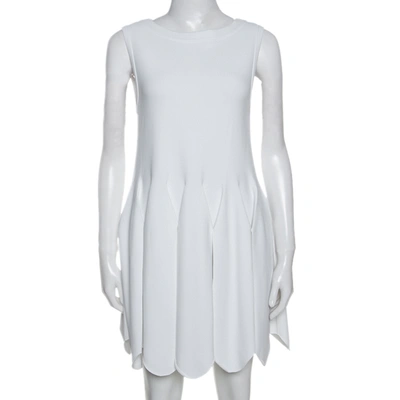 Pre-owned Alaïa White Stretch Knit Pleated Scalloped Hem Detail Dress M