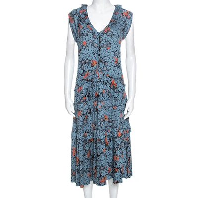 Pre-owned Marc By Marc Jacobs Teal Blue Floral Printed Modal Ruffle Detail Dress L