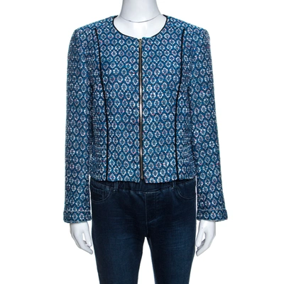 Pre-owned Diane Von Furstenberg Blue Lurex Jacquard Knit Rylan Jacket L