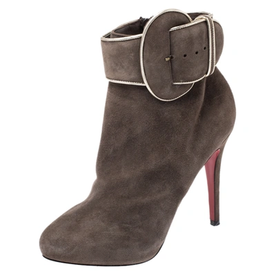 Pre-owned Christian Louboutin Elephant Grey Suede Trottinette Buckle Detail Ankle Boots Size 38
