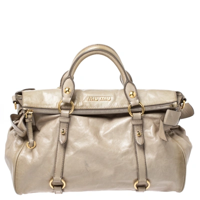 Pre-owned Miu Miu Pale Green Glazed Leather Bow Top Handle Bag