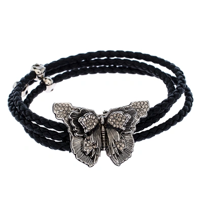 Pre-owned Alexander Mcqueen Black Braided Leather Crystal Butterfly Charm Layered Bracelet