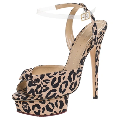 Pre-owned Charlotte Olympia Beige Leopard Print Fabric Bow Platform Ankle Strap Sandals Size 39.5