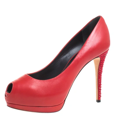 Pre-owned Giuseppe Zanotti Red Leather And Suede Crystal Embellished Peep Toe Platform Pumps Size 37