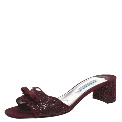 Pre-owned Prada Burgundy Coarse Glitter Suede Block Heel Slides Size 37.5