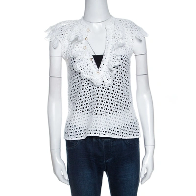 Pre-owned Oscar De La Renta White Eyelet Lace Ruffle Detail Top M