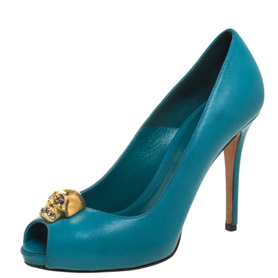 Pre-owned Alexander Mcqueen Teal Leather Skull Peep Toe Pumps Size 36 In Blue