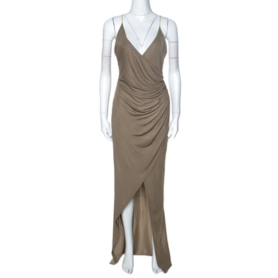 Pre-owned Balmain Taupe Green Jersey Draped Crystal Strap Dress M