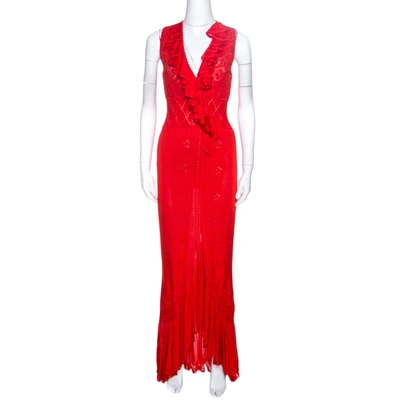 Pre-owned Roberto Cavalli Red Pointelle Knit Ruffle Trim Maxi Dress S