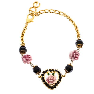 Pre-owned Dolce & Gabbana Dg Rose Crystal Gold Tone Bracelet In Multicolor