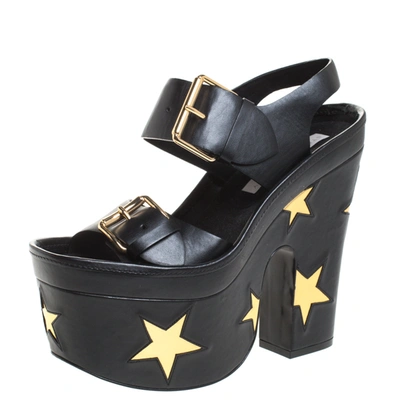 Pre-owned Stella Mccartney Black Faux Leather Buckle Block Heel Star Platform Sandals Size 37