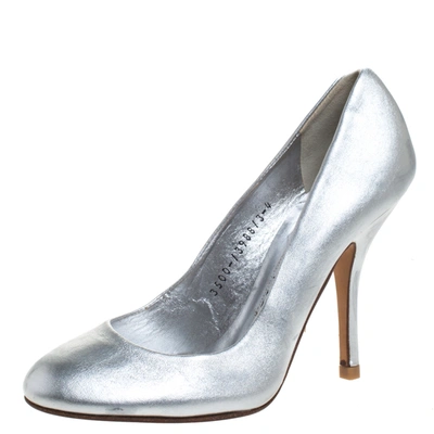 Pre-owned Gina Metallic Silver Leather Round Toe Pumps 37