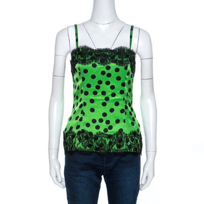Pre-owned Dolce & Gabbana Green Polka Dot Satin Lace Trim Camisole Top S