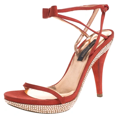 Pre-owned Sergio Rossi Red Suede Crystal Embellished Ankle Strap Platform Sandals Size 37