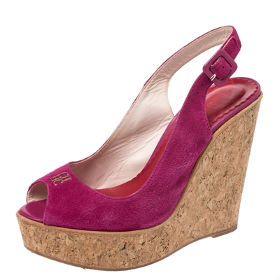 Pre-owned Carolina Herrera Pink Suede Cork Wedge Platform Peep Toe Slingback Sandals Size 37