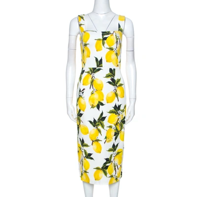 Pre-owned Dolce & Gabbana Lemon Print Sleeveless Midi Sheath Dress S In Yellow