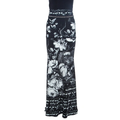 Pre-owned Roberto Cavalli Black Floral Print Knit Chain Detail Maxi Skirt L