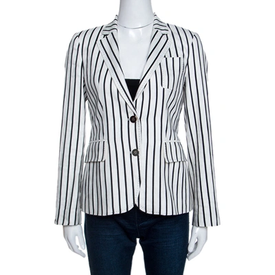 Pre-owned Ch Carolina Herrera Monochrome Striped Linen Blend Blazer S In White