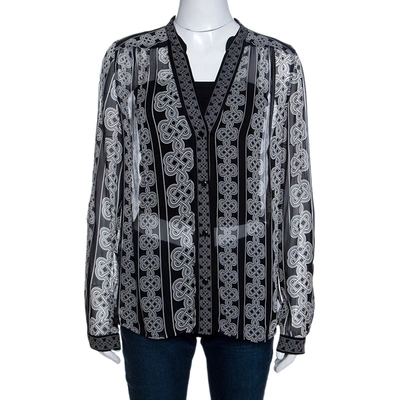 Pre-owned Diane Von Furstenberg Monochrome Knot Print Silk Harlow Blouse L In Black