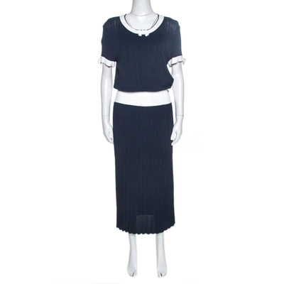 Pre-owned Chanel Navy Blue Rib Knit Contrast Trim Detail Midi Dress M