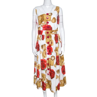 Pre-owned Dolce & Gabbana White Cookie And Floral Print Cotton Sleeveless Dress L
