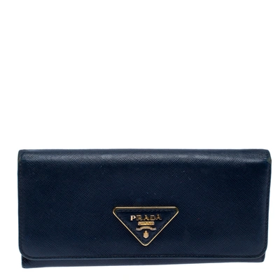 Pre-owned Prada Navy Blue Saffiano Leather Flap Continental Wallet
