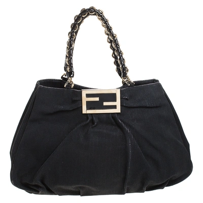 Pre-owned Fendi Black Textured Fabric Large Mia Shoulder Bag