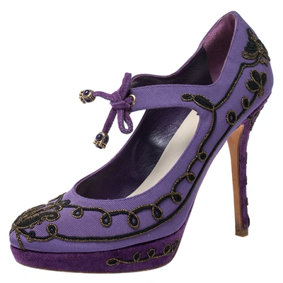 Pre-owned Dior Purple Embroidered Canvas And Suede Platform Pumps Size 38