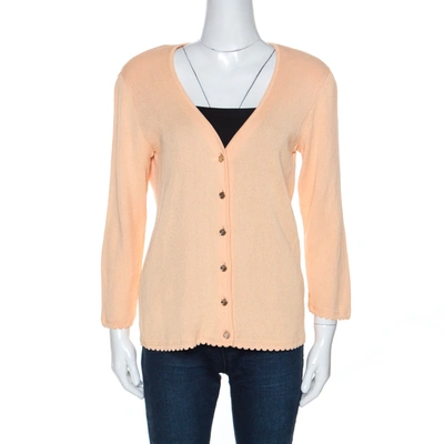 Pre-owned Escada Peach Rib Knit Padded Shoulder Button Front Cardigan M In Orange