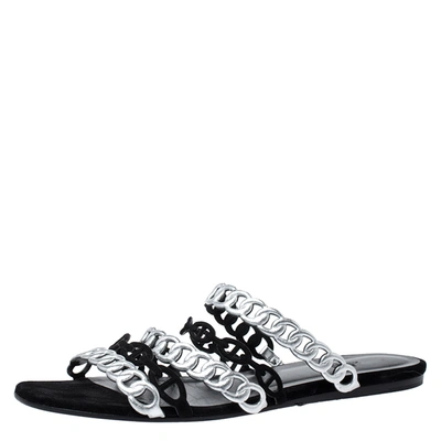 Pre-owned Hermes Metallic Silver Leather And Black Suede Chaine D'ancre Flat Sandals Size 40