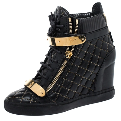 Pre-owned Giuseppe Zanotti Black Quilted Leather Lorenz Wedge Sneakers Size 40