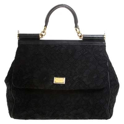 Pre-owned Dolce & Gabbana Black Lace Large Miss Sicily Top Handle Bag