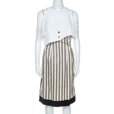 Pre-owned Fendi Cream Striped Silk Blend Cape Detail Dress M