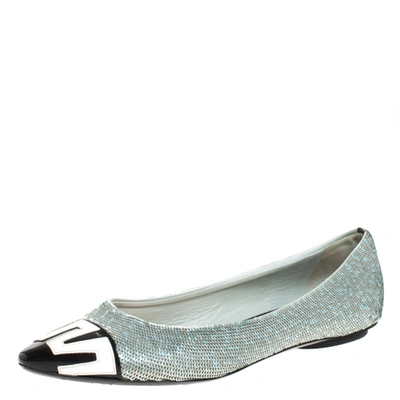 Pre-owned Louis Vuitton Blue Sequin Embellished Satin And 2 Tone Patent Pointed Toe Ballet Flats Size 36