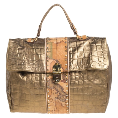 Pre-owned Alviero Martini 1a Classe Metallic Gold Croc Embossed Leather And Coated Canvas Geo Print Top Handle Bag