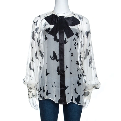 Pre-owned Dolce & Gabbana D & G Bicolor Butterfly Print Sheer Silk Bow Detail Blouse M In White