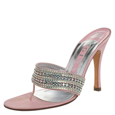 Pre-owned Gina Pink Satin Crystal Embellished Thong Sandals Size 38.5