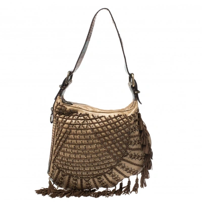 Pre-owned Fendi Brown Lizard, Suede And Leather Tassel Fringe Oyster Hobo