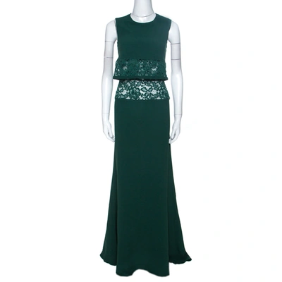 Pre-owned Elie Saab Green Crepe Lace Insert Sleeveless Maxi Dress Xs