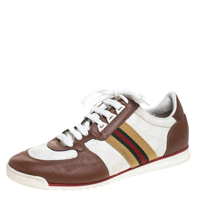 Pre-owned Gucci Ssima Canvas And Tan Leather Web Detail Sneakers Size 40.5 In Multicolor