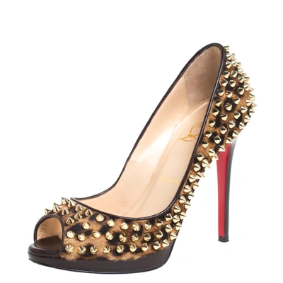 Pre-owned Christian Louboutin Leopard Print Calfhair Yolanda Spikes Peep Toe Pumps Size 37 In Brown