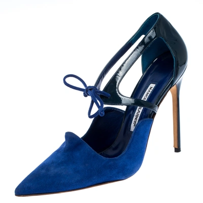 Pre-owned Manolo Blahnik Blue Suede And Patent Leather Lace Up Pointed Toe Pumps Size 39